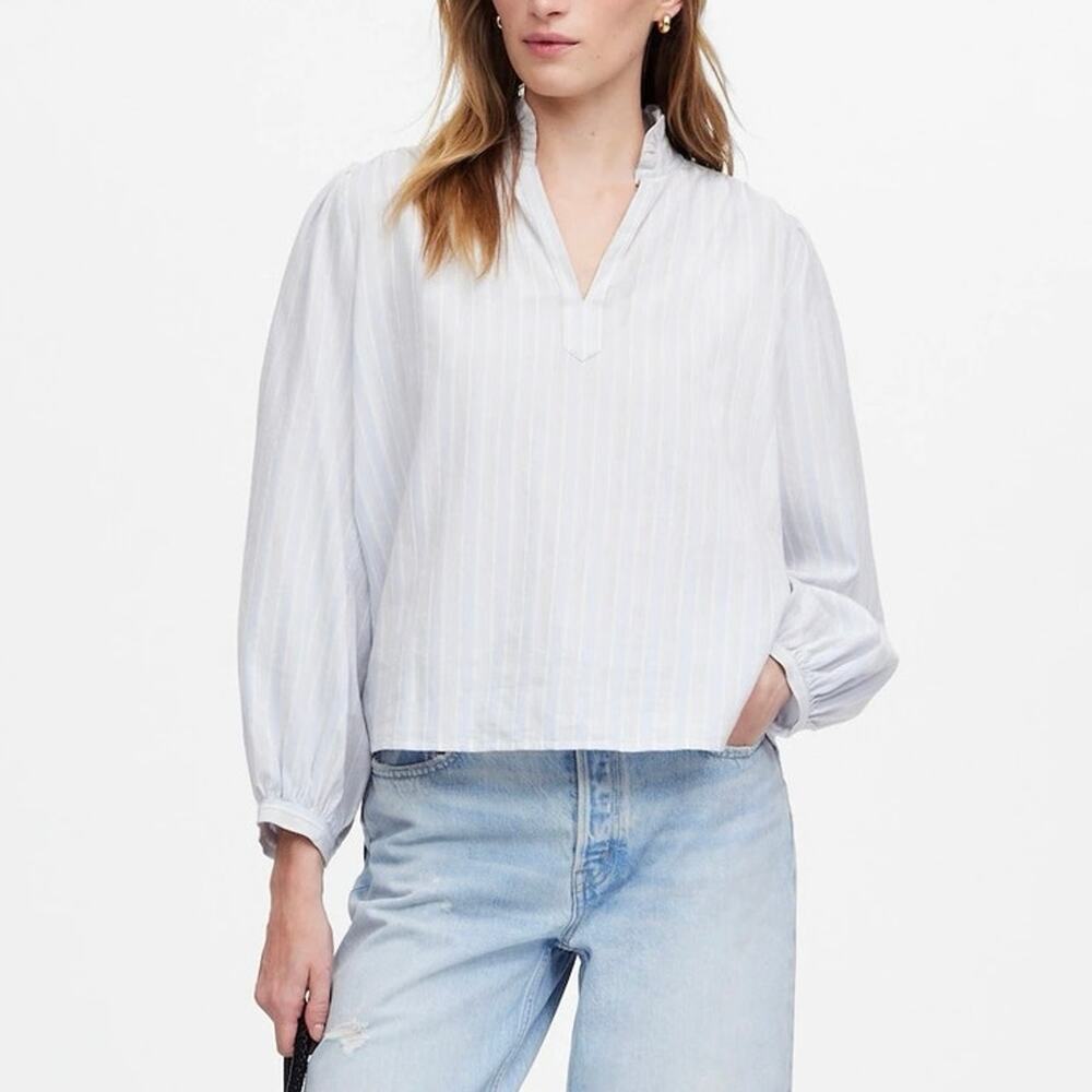 NWT Madewell Ruffled Splitneck Collar Popover Top In Stripe Blue White Large